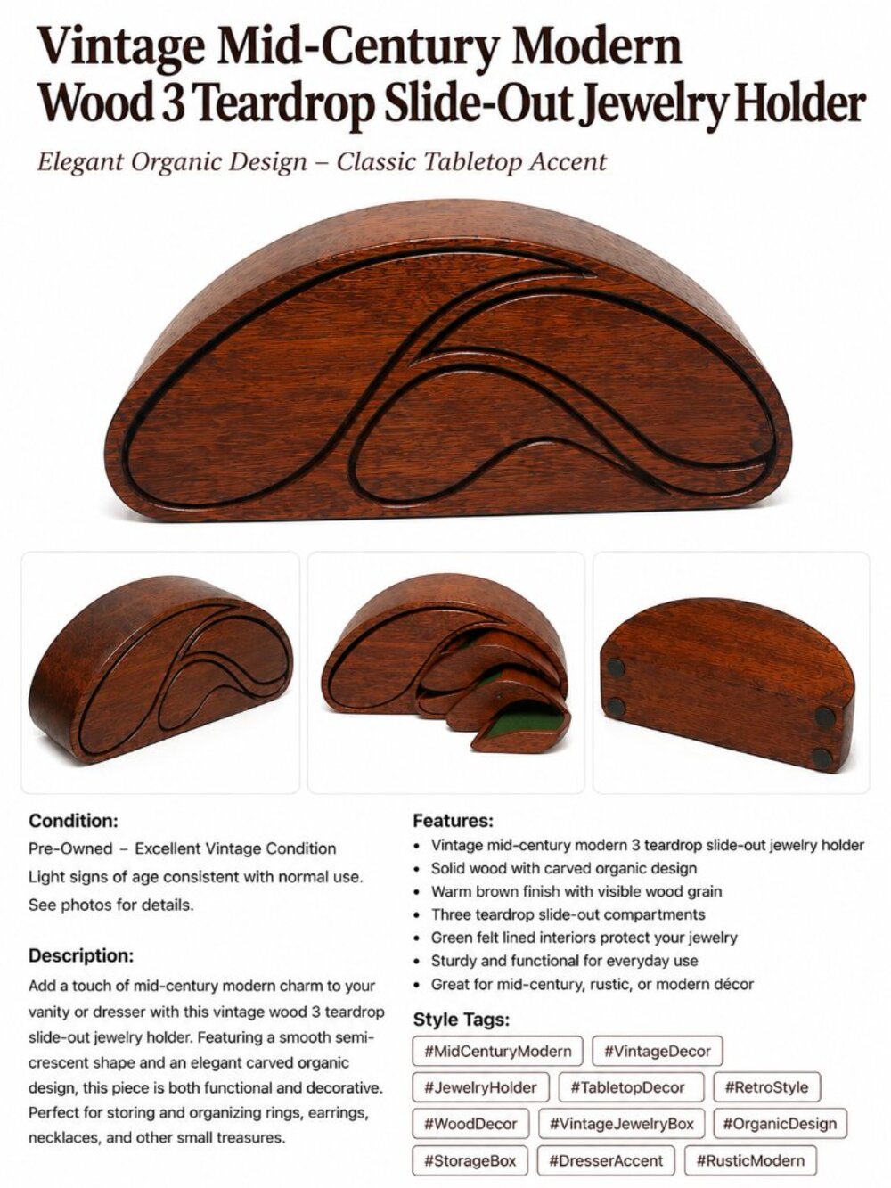 Vintage Hand-Carved Bandsaw Wooden 3-Drawer Teardrop Jewelry Box–Keepsake